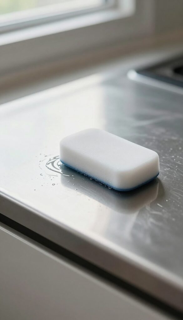 A person using a white damp magic eraser to clean a greasy smudge on an oven door glass in bright natural light