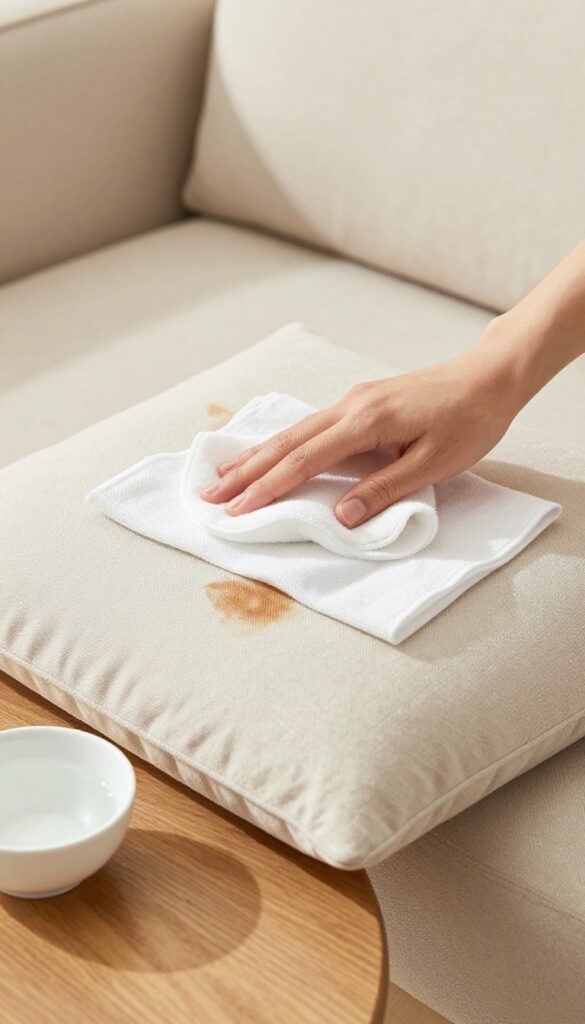 Close-up of blotting an ink stain on a beige microfiber sofa with rubbing alcohol and a cotton ball, with cleaning supplies nearby.