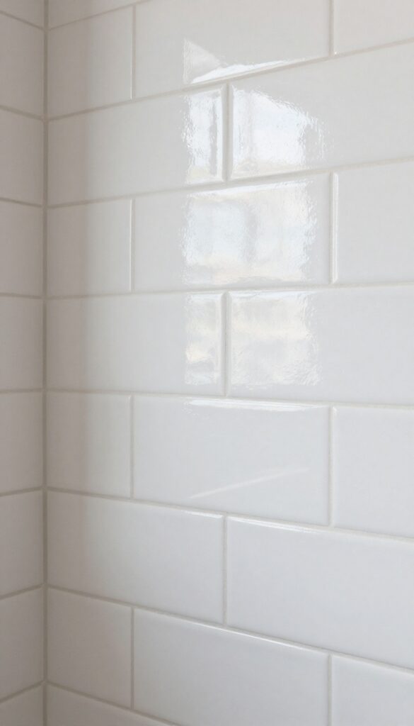 Small shower with glossy and matte white subway tiles in vertical stripes, creating depth through light reflection and texture contrast.