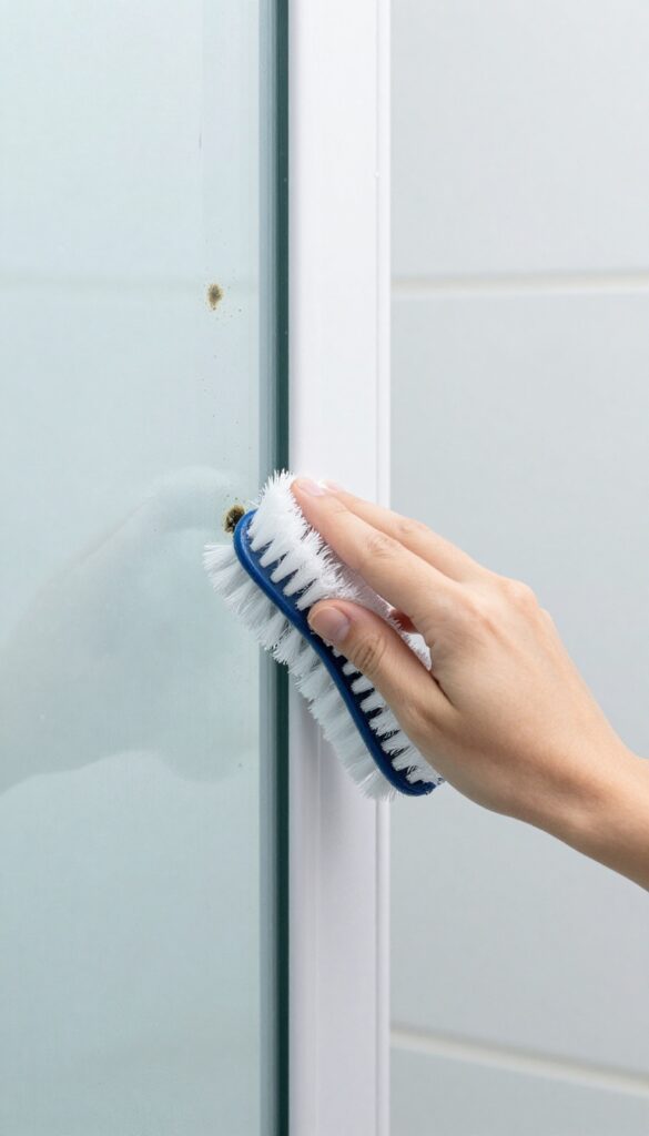 Cleaning shower door tracks with a brush to remove grime and soap scum