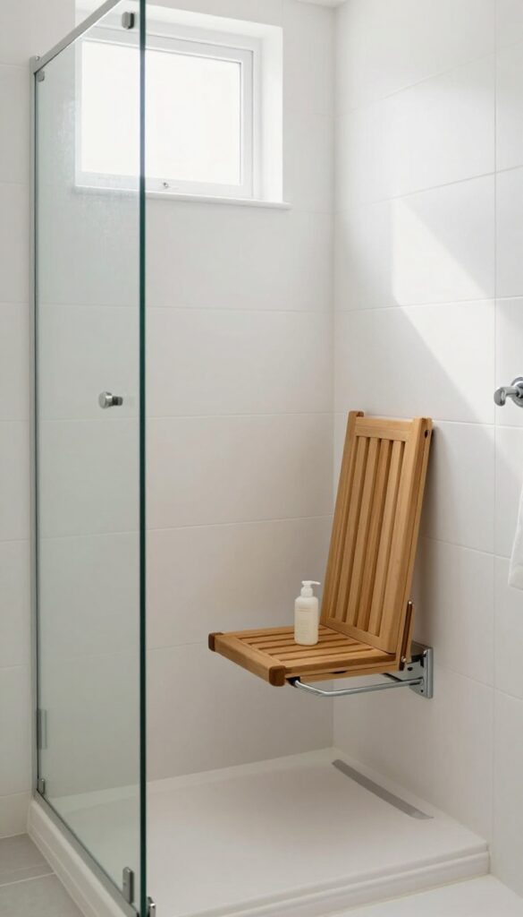 Small walk-in shower with foldable teak seat, natural light, clean minimalist design