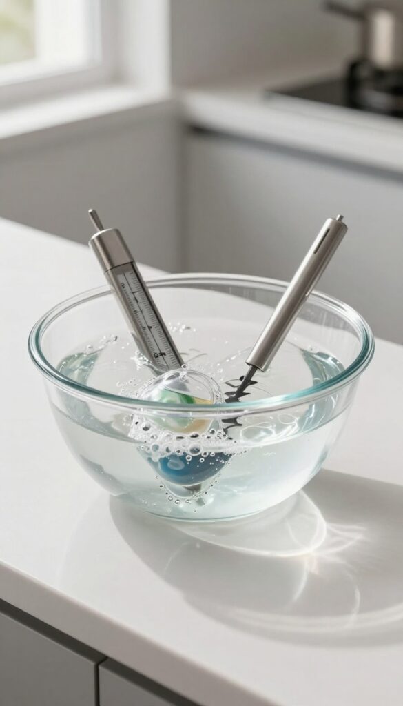 Oven thermometer and probes soaking in a bowl of warm water with dissolved dishwasher pod, kitchen counter background