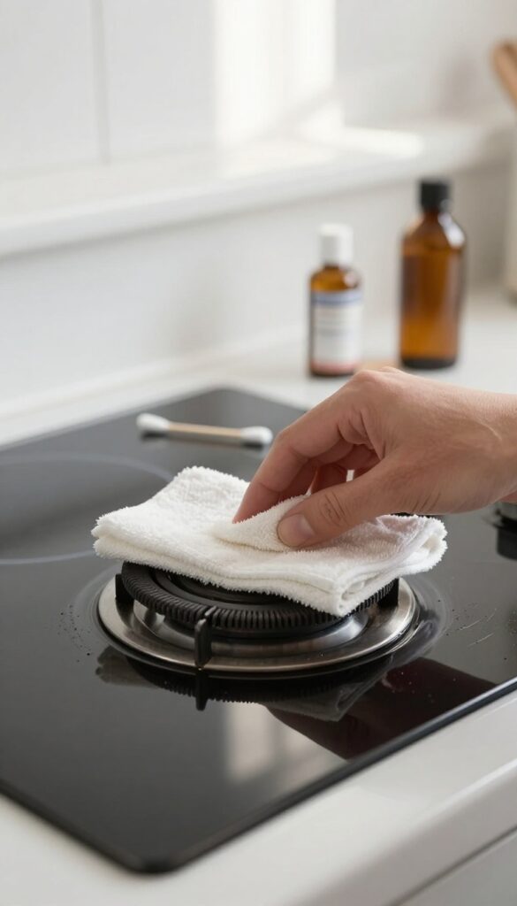 Wiping down electric coils on a stove top with a damp cloth