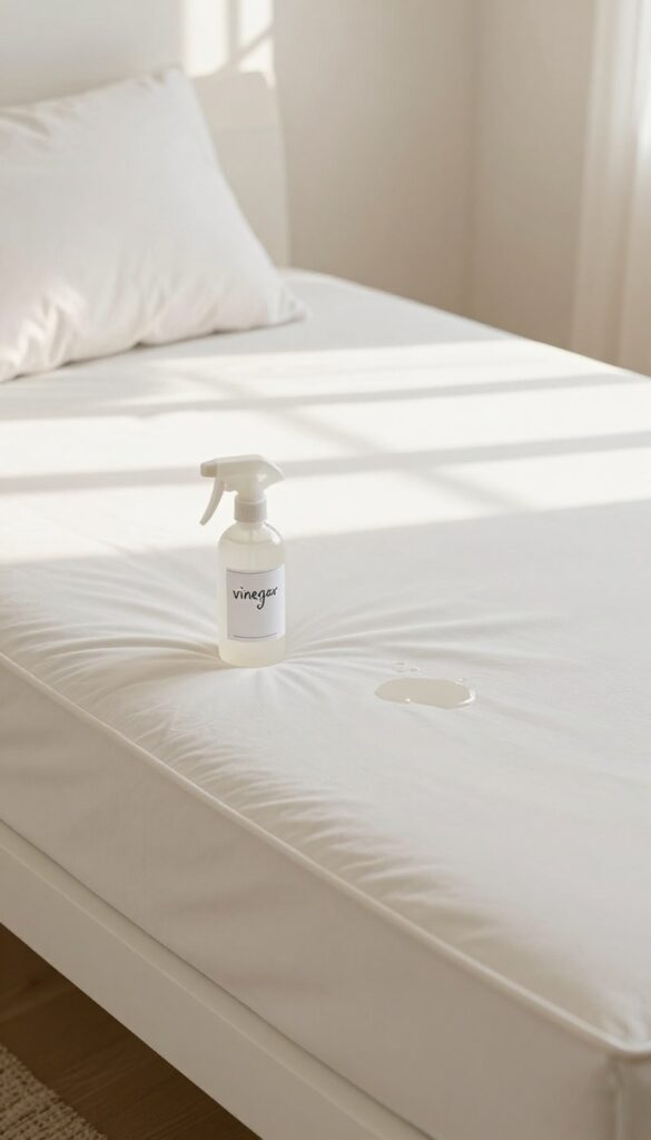 White vinegar spray bottle on a clean mattress in a sunlit bedroom