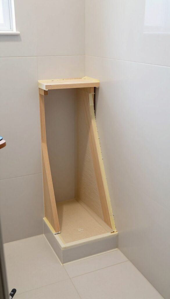 Prefabricated niche insert installed in a shower wall between studs, with waterproofing tape and tile flange visible, DIY tools on a workbench in the background.