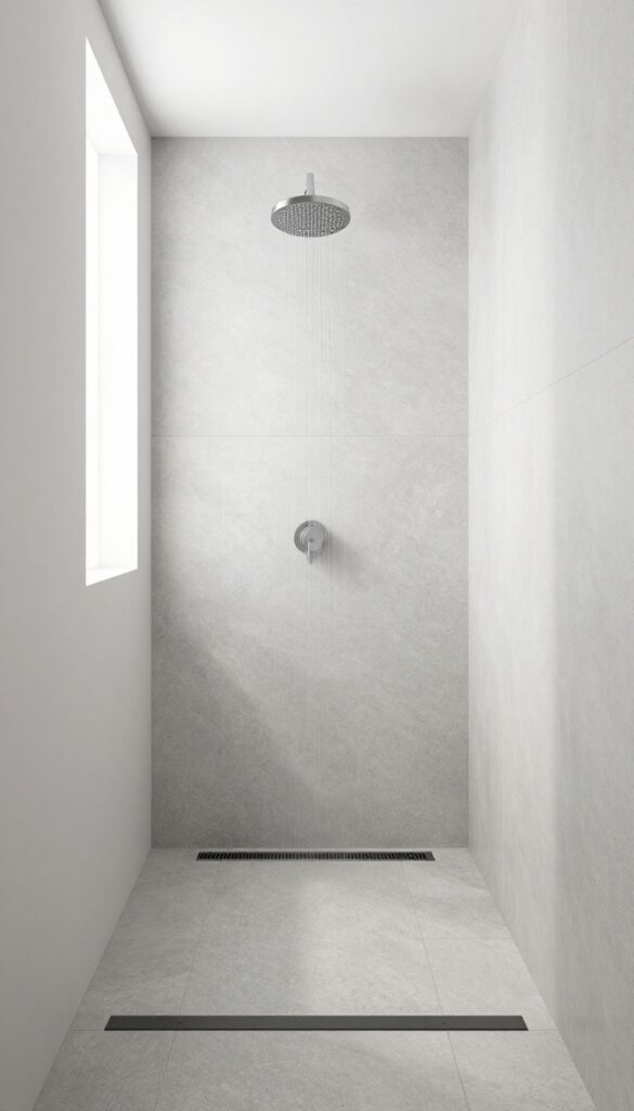 Small bathroom shower with linear drain along wall, single-slope floor, rainfall shower head, natural light, minimalist design