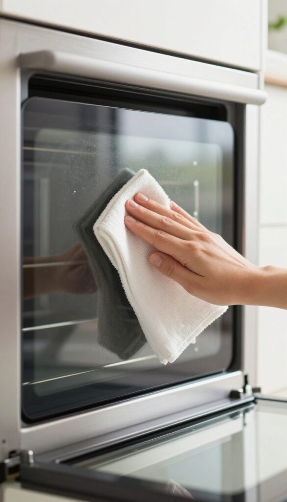 Person cleaning the inside of an oven door glass with a microfiber cloth, both sides visible.