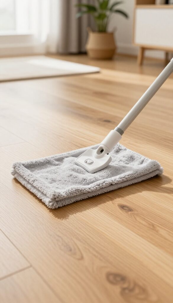 Dry microfiber mop dusting a hardwood floor in bright natural light