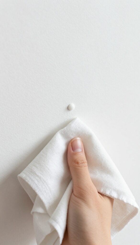 Hand applying white toothpaste to a cloth to clean a scuff on a wall