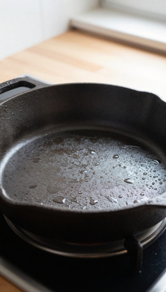 Cast iron skillet drying on a towel after washing, with water droplets visible.