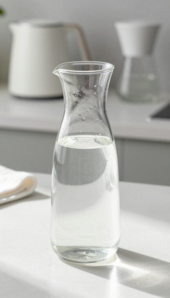 Glass coffee carafe with vinegar and water solution on kitchen counter
