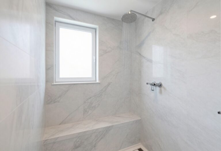 Luxurious master shower with marble-look large-format tiles and rainfall showerhead