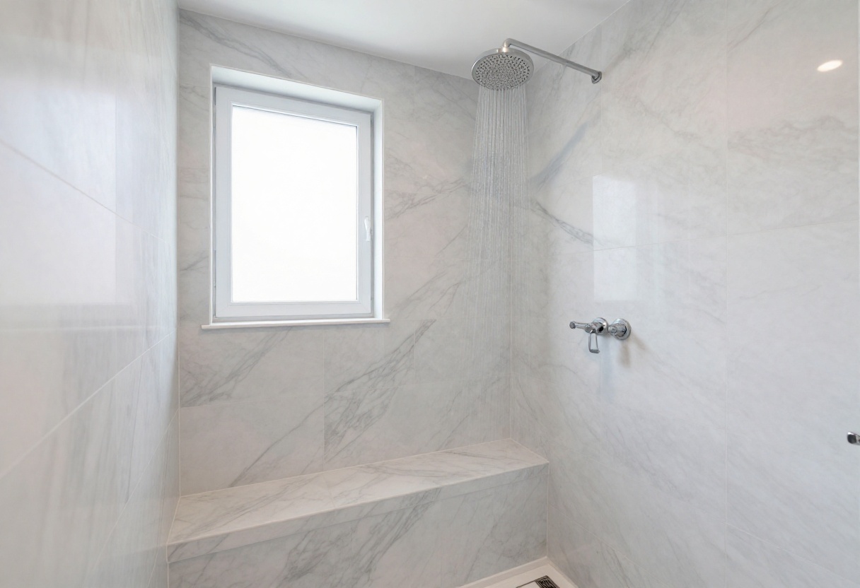 Luxurious master shower with marble-look large-format tiles and rainfall showerhead