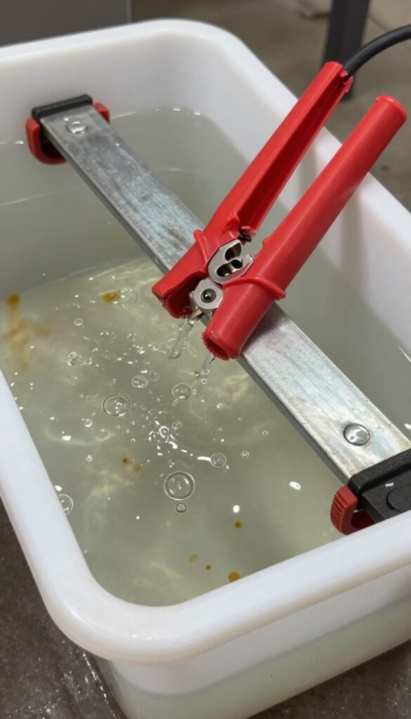 Electrolysis setup for cleaning a rusty cast iron skillet in a plastic tub with battery charger and steel bar.
