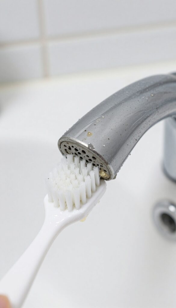 Close-up of scrubbing bathtub jet nozzle with a toothbrush dipped in vinegar
