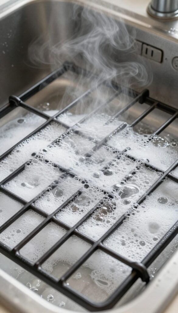 Stove grates soaking in hot soapy water overnight to remove burnt grease