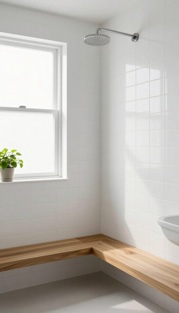 Small shower with a corner teak bench, white tiles, and natural light