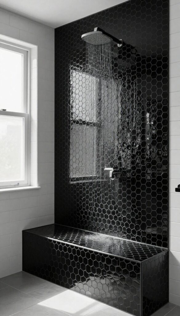 Black hexagon mosaic tile shower wall with textured depth and natural light