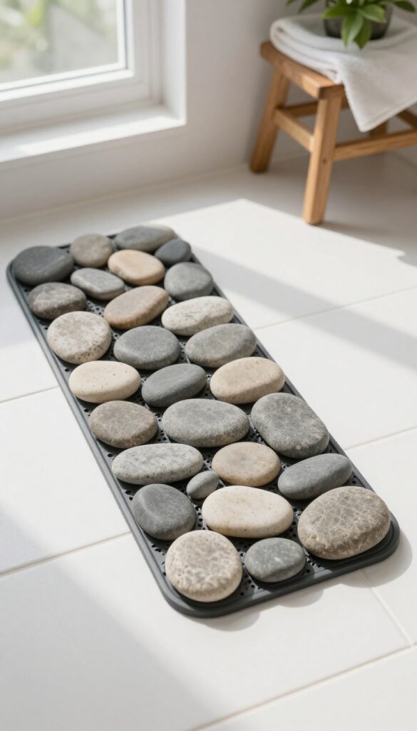 River rock shower mat insert on tile floor with natural light