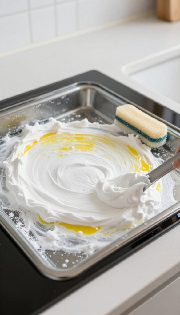 Applying baking soda and hydrogen peroxide paste to oven glass window for cleaning