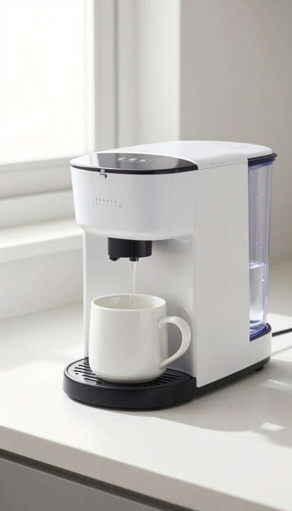 Single-serve coffee maker with vinegar and water mixture in reservoir and mug on drip tray