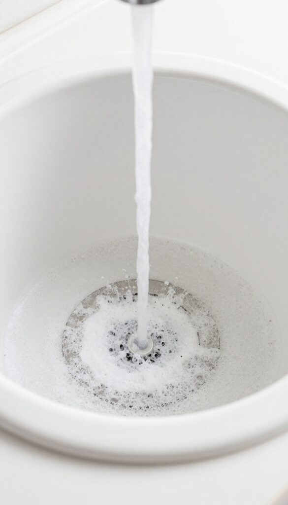 Baking soda and vinegar fizzing in a kitchen sink drain for cleaning