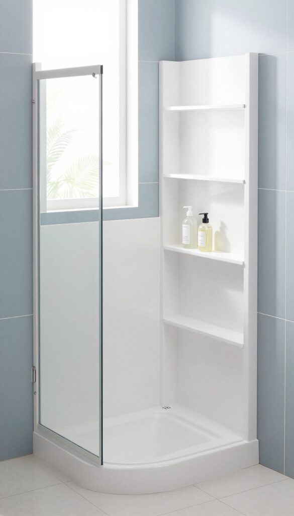 Compact all-in-one shower unit with built-in seating and shelving in a small bathroom