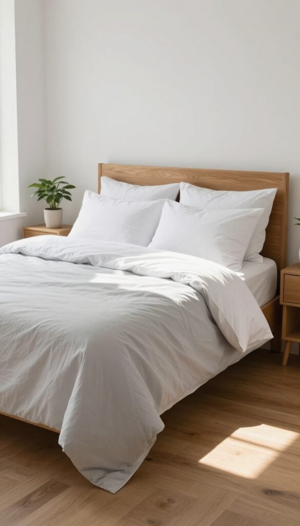 A neatly made bed in a bright bedroom with pillows arranged and comforter smoothed.