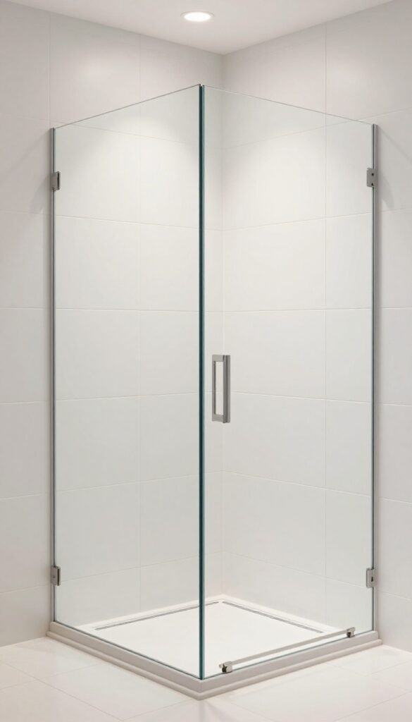 Bright walk-in shower with large-format white tiles, frameless glass door, and recessed niche