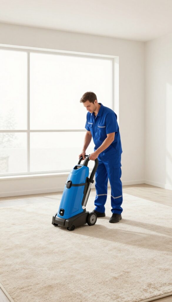 Professional carpet cleaner using steam cleaning machine on beige carpet in bright living room
