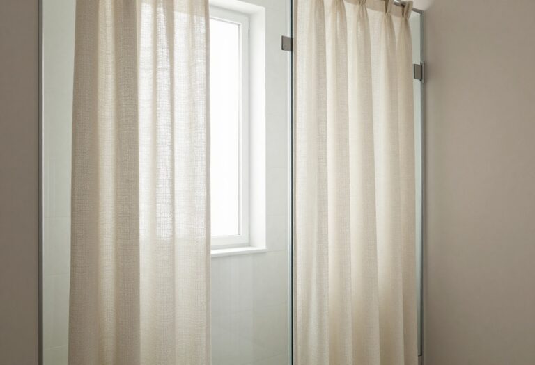 Shower curtain over glass door providing privacy in a modern bathroom