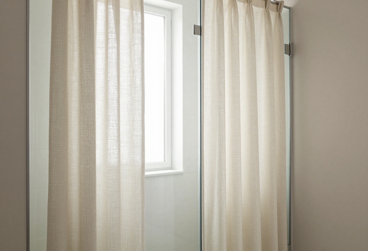 Shower curtain over glass door providing privacy in a modern bathroom