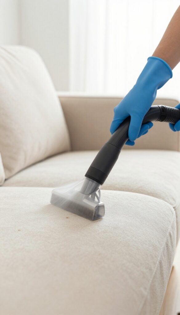 Professional cleaner using steam cleaning machine on a couch fabric