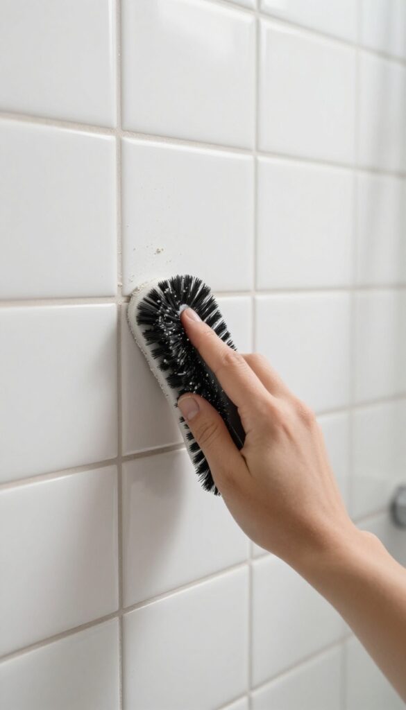 Dry scrubbing tile grout with a stiff brush to remove loose dirt before cleaning