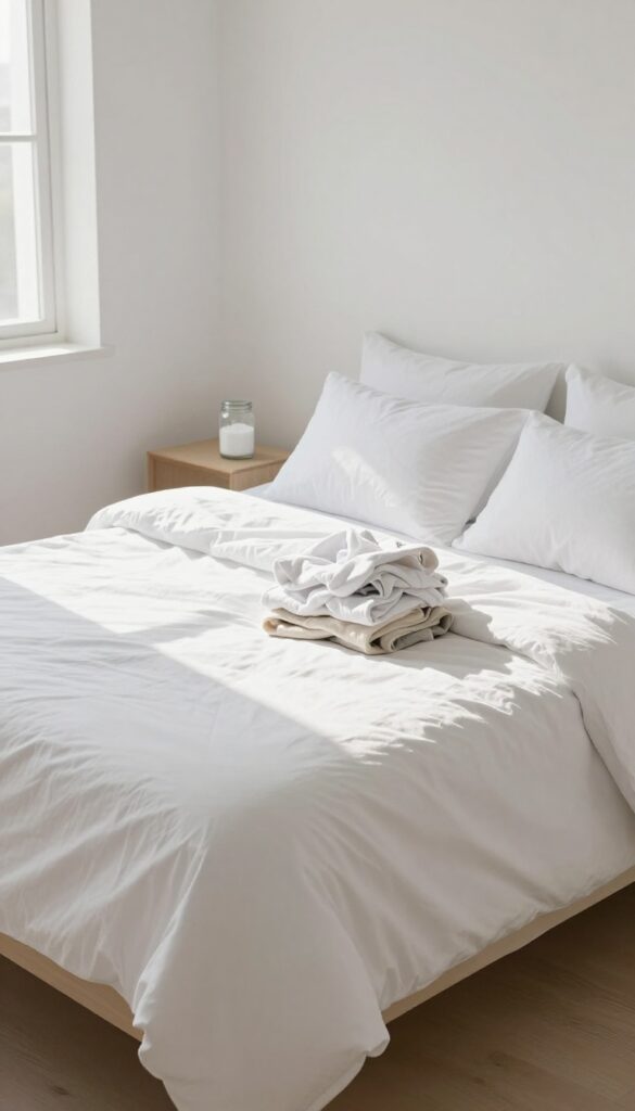 Freshly made bed with white linens and baking soda nearby in a sunlit bedroom