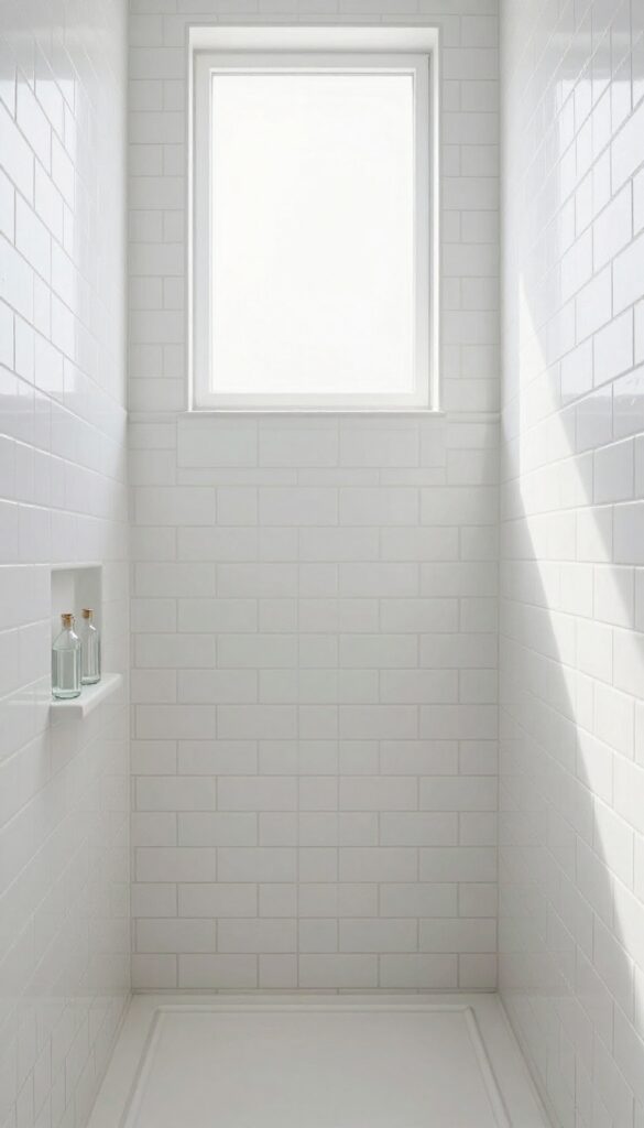 Small shower with vertical white subway tiles, vertical niche, and natural light