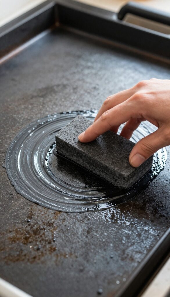 Hand using a griddle stone to remove heavy grease buildup on a blackstone griddle surface.