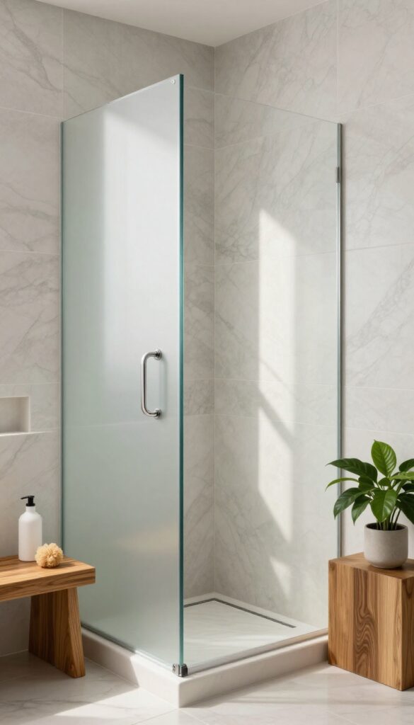 A bright, luxurious shower with a built-in teak bench, marble walls, and a recessed niche, exuding calm and spa-like relaxation.
