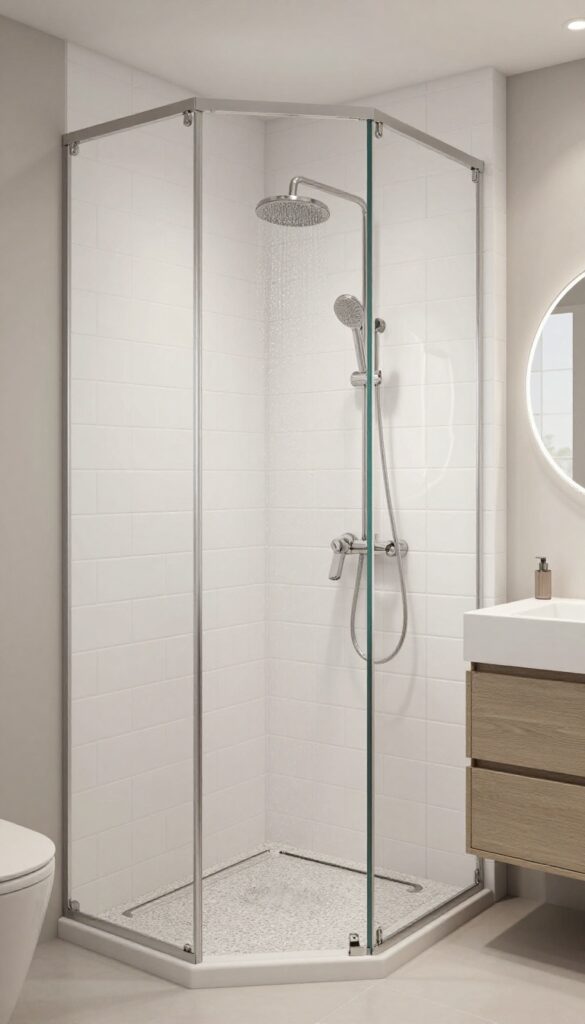 Small bathroom with half-wall shower partition, rainfall showerhead, and bright natural light