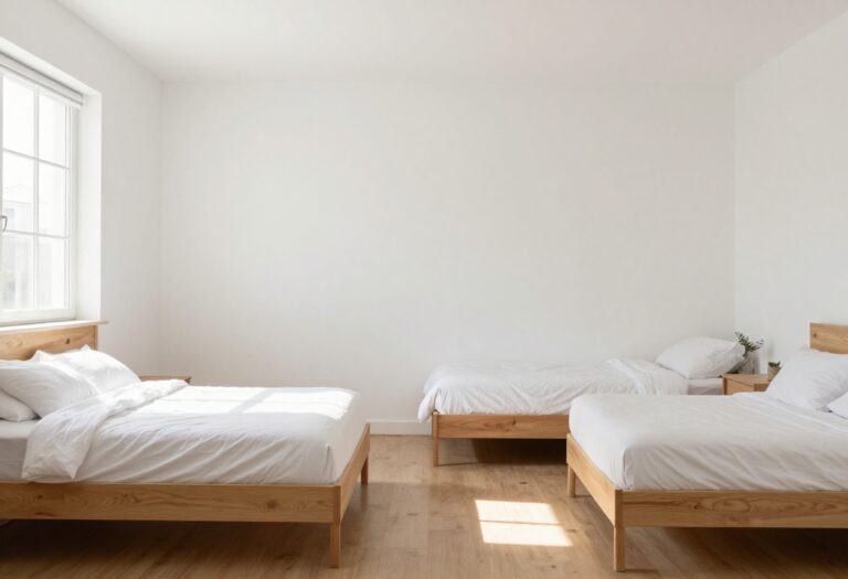 A clean and organized bedroom with a made bed and natural light