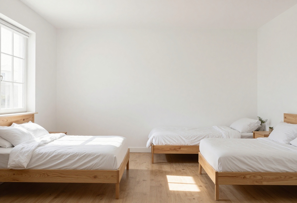 A clean and organized bedroom with a made bed and natural light