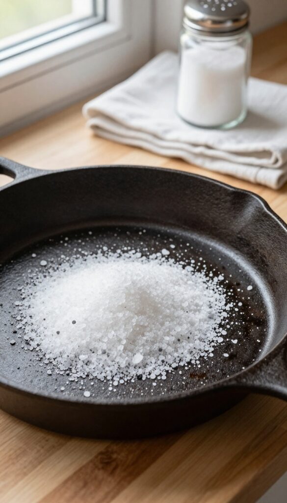 Cast iron skillet with coarse salt and paper towel for scrubbing