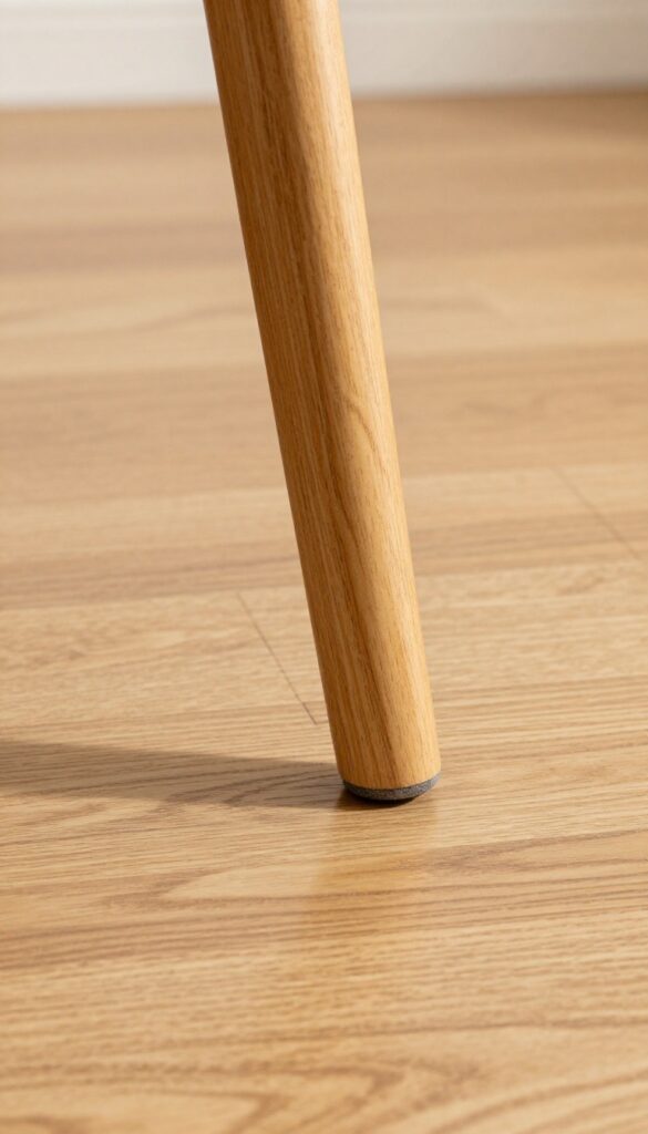 Furniture leg with felt pad on shiny hardwood floor