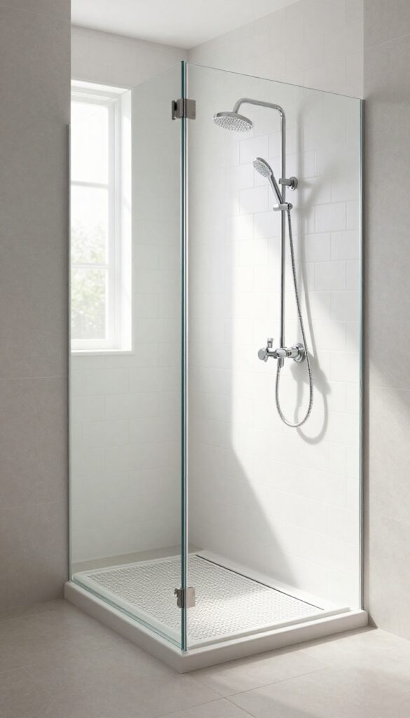 Small walk-in shower with linear drain, large tiles, and natural light