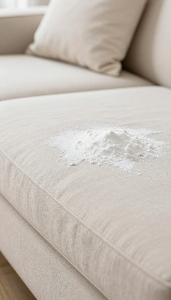 Baking soda sprinkled on a microfiber couch cushion in bright natural light