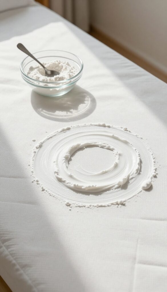 Applying baking soda paste to a blood stain on a mattress in bright natural light