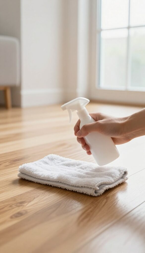 Person cleaning hardwood floor with microfiber mop and spray bottle