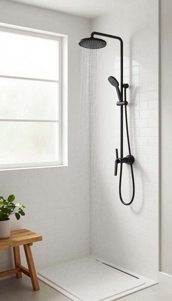 Modern master bathroom shower with matte black fixtures and white subway tiles