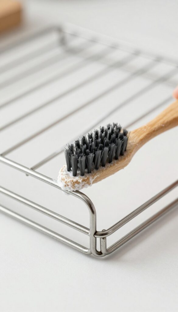 Close-up of a toothbrush scrubbing a baking soda paste into the tight corner of an oven rack to remove baked-on grease and burnt spots.