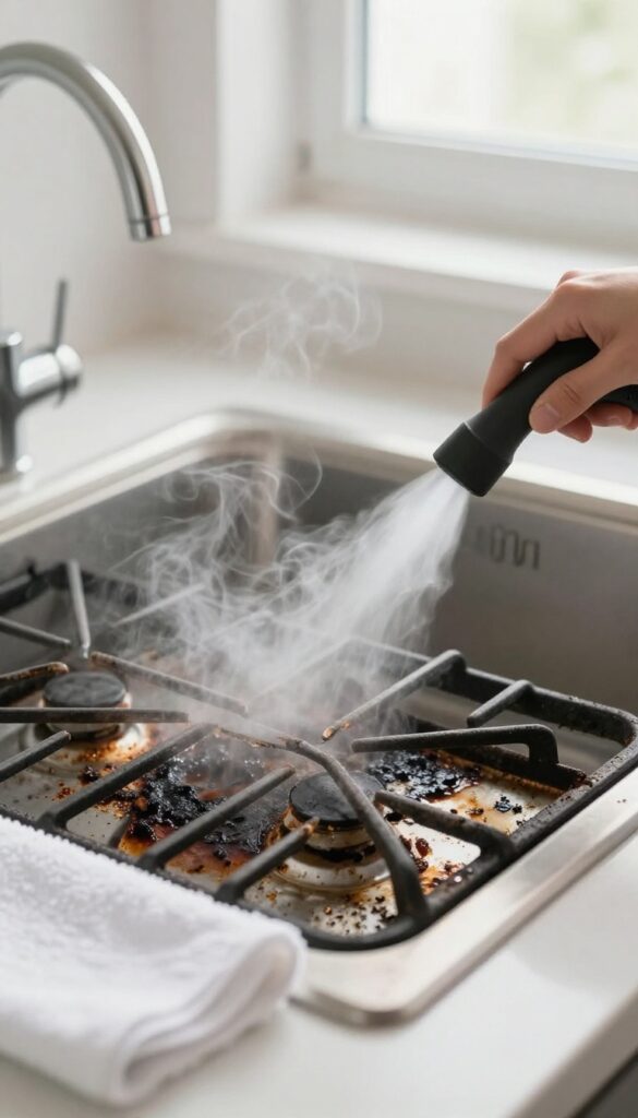 Steam cleaning a heavy buildup gas stove grate with a handheld steamer in a kitchen sink